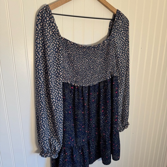 Umgee Women’s Blue Floral Smocked Long Sleeve Square Neck Dress Size Small - Picture 2 of 15